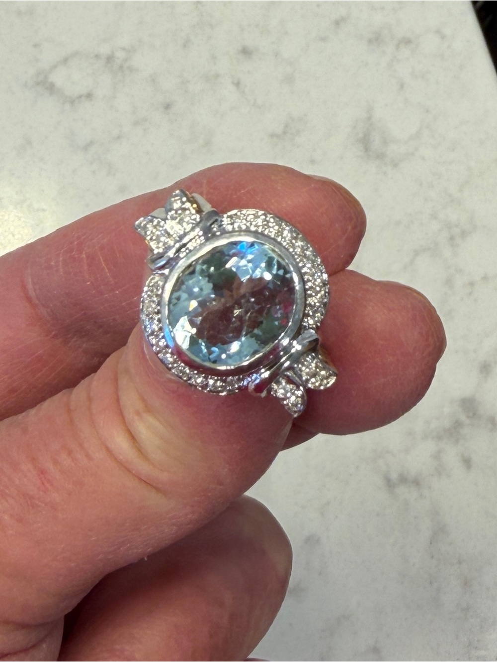 14K White Gold Aquamarine & Diamond Halo Cocktail Ring